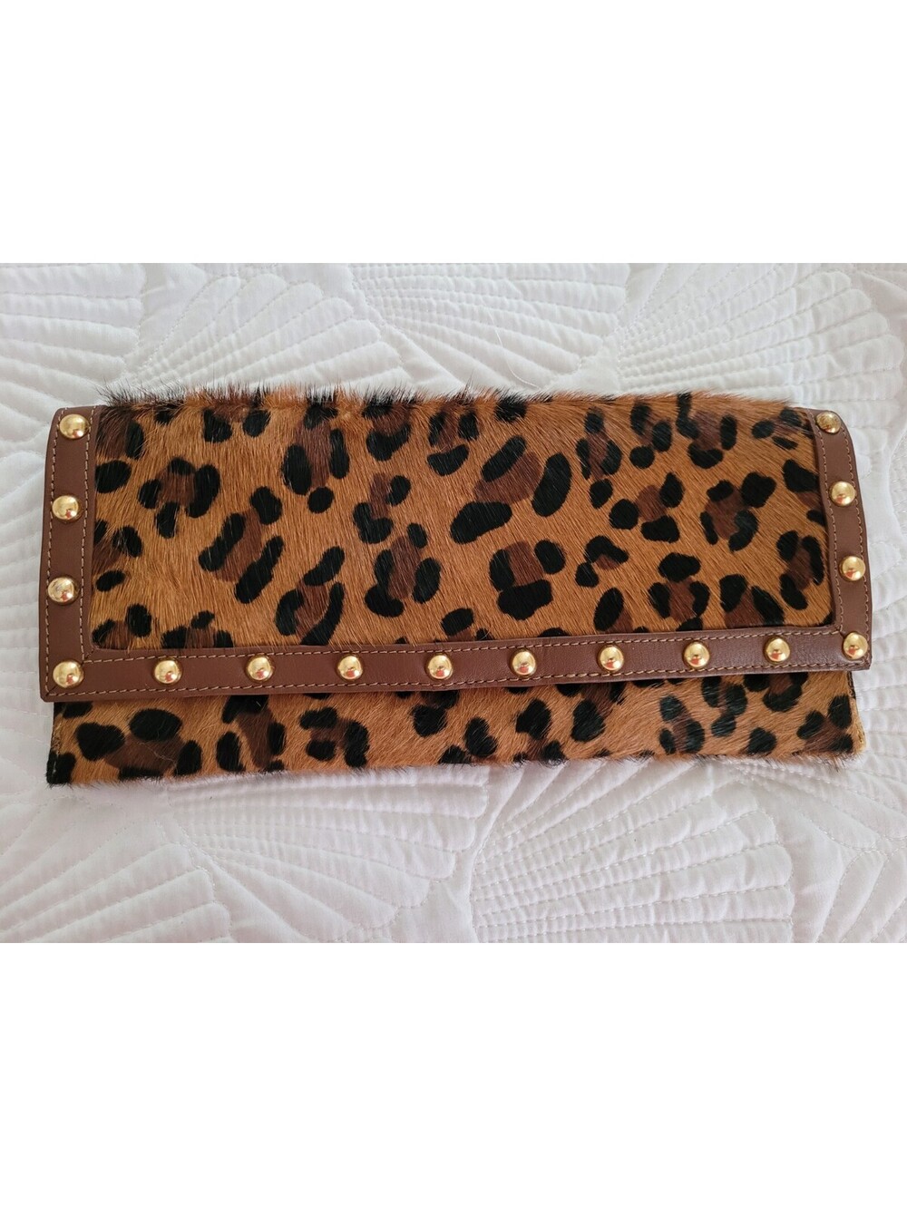 Beverly Feldman Leopard Print Haircalf Clutch Studded Foldover Purse Y2K Glam